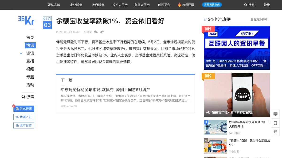 36氪余额宝收益率快讯页面截图