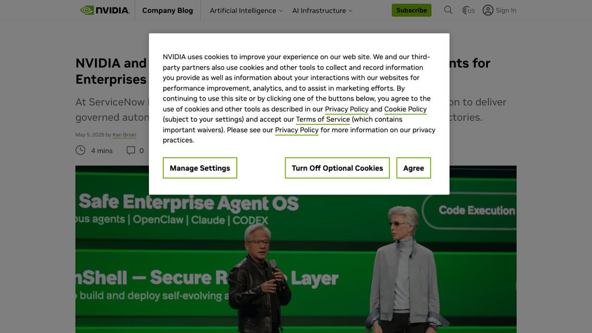 NVIDIA 与 ServiceNow 企业自治 Agent 新闻页面截图