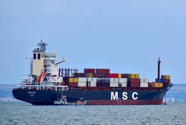 一艘满载集装箱的地中海航运货轮，报道关注霍尔木兹海峡风险下的航线与运价。