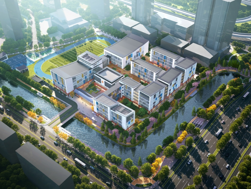 余杭区育才小学云城校区项目方案公示所配鸟瞰效果图。