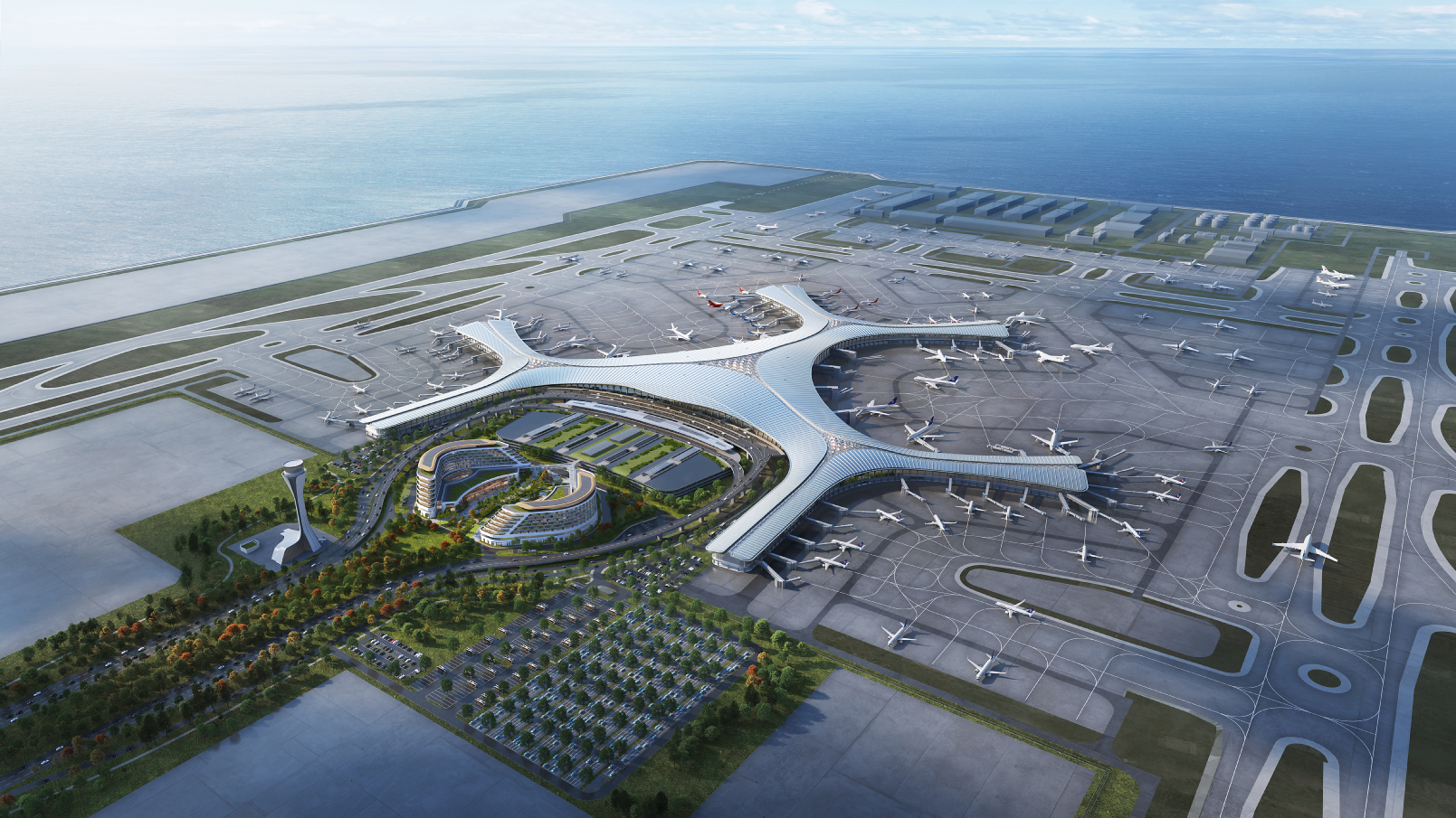 大连金州湾国际机场项目建设相关报道画面。