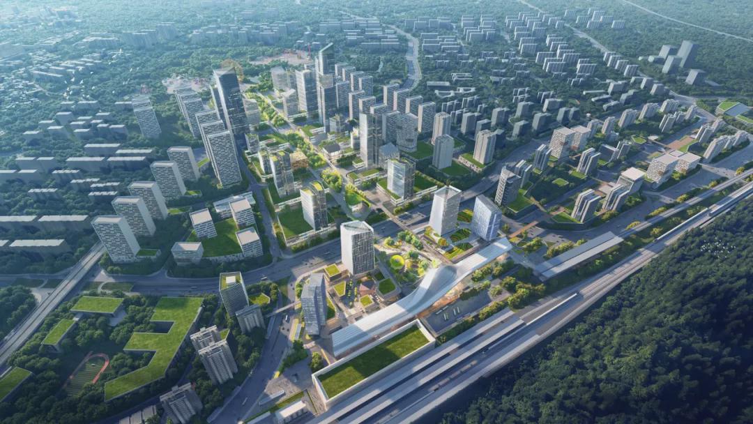 惠阳站综合交通枢纽项目鸟瞰效果图，用作涉铁工程定标信息的项目空间背景。